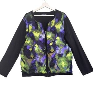 Jones New York Cardigan Sweater Jacket Women 2X Black Abstract Zip Front Pockets